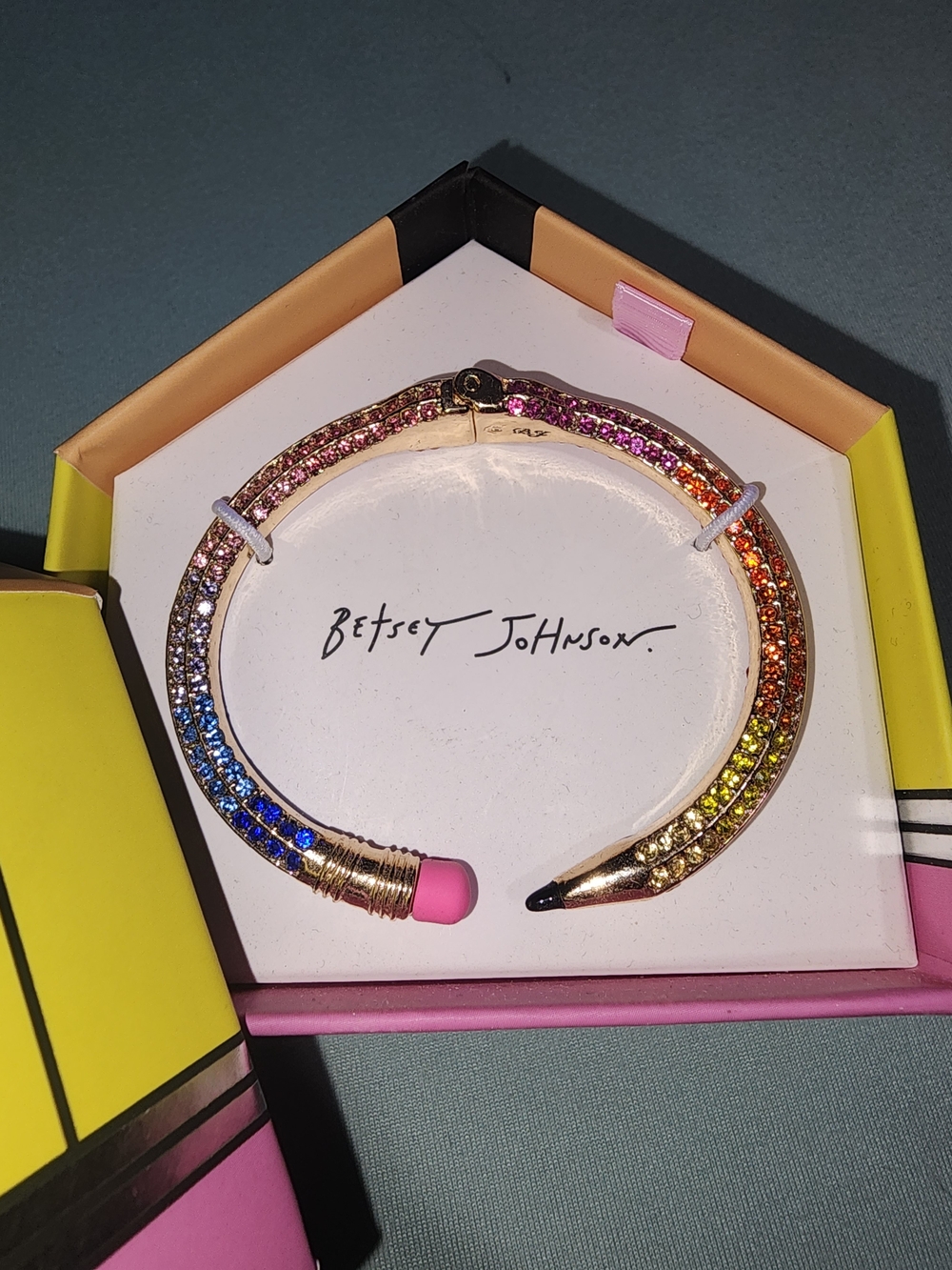 Betsey Johnson Gold-Tone Rainbow Crystal Pencil Cuff with Pink Eraser Tip